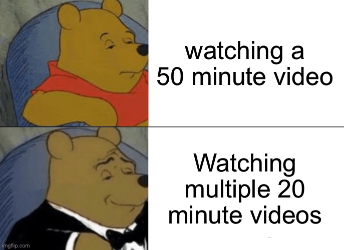 Tuxedo Winnie The Pooh | watching a 50 minute video; Watching multiple 20 minute videos | image tagged in memes,tuxedo winnie the pooh | made w/ Imgflip meme maker