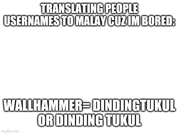 Blank White Template | TRANSLATING PEOPLE USERNAMES TO MALAY CUZ IM BORED:; WALLHAMMER= DINDINGTUKUL

OR DINDING TUKUL | image tagged in blank white template | made w/ Imgflip meme maker