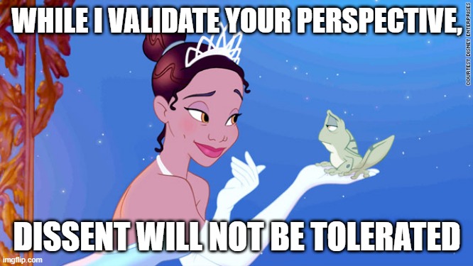 toxic relationships |  WHILE I VALIDATE YOUR PERSPECTIVE, DISSENT WILL NOT BE TOLERATED | image tagged in princess tianna speaks | made w/ Imgflip meme maker