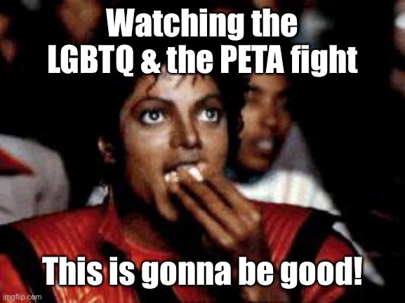 michael jackson eating popcorn | Watching the LGBTQ & the PETA fight This is gonna be good! | image tagged in michael jackson eating popcorn | made w/ Imgflip meme maker