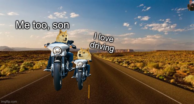 Doge teaches his son to drive | Me too, son; I love driving | image tagged in the road,doge,doge and son | made w/ Imgflip meme maker