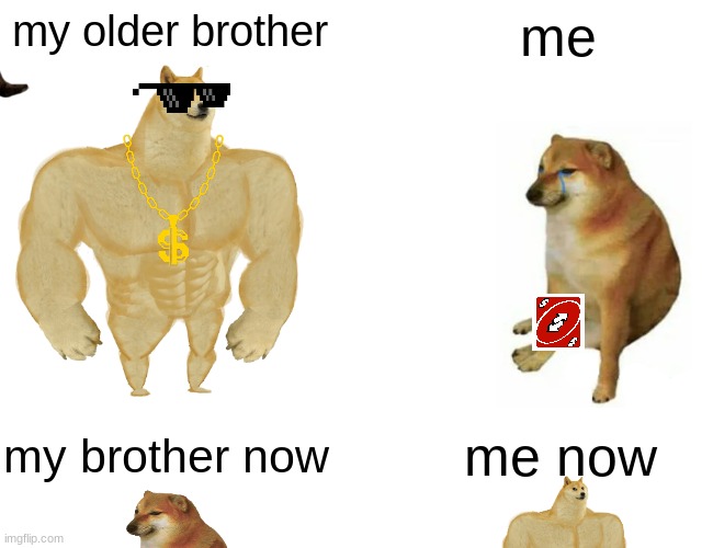 Buff Doge vs. Cheems | my older brother; me; my brother now; me now | image tagged in memes,buff doge vs cheems | made w/ Imgflip meme maker
