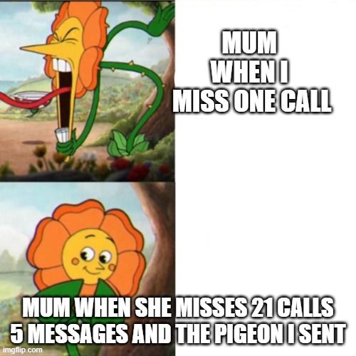 Sunflower | MUM 
WHEN I 
MISS ONE CALL; MUM WHEN SHE MISSES 21 CALLS 5 MESSAGES AND THE PIGEON I SENT | image tagged in sunflower | made w/ Imgflip meme maker