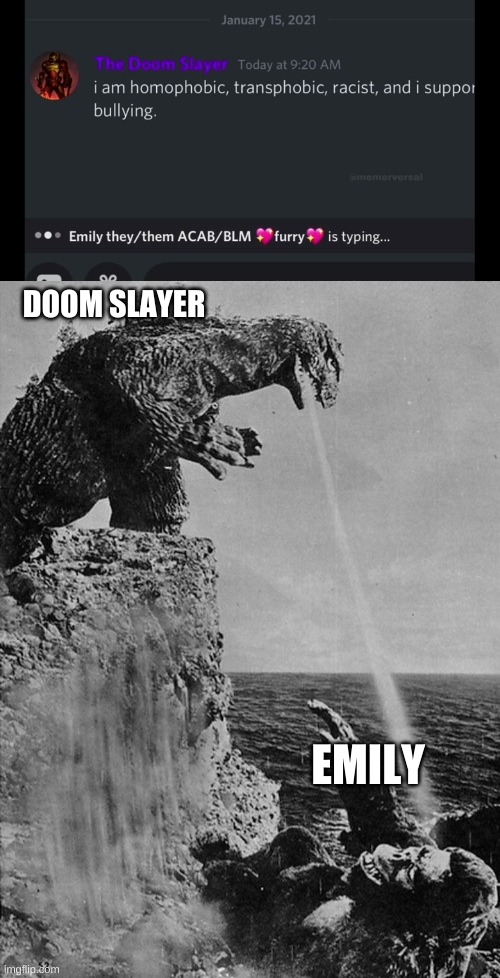 this image in a nutshell | DOOM SLAYER; EMILY | image tagged in yeah | made w/ Imgflip meme maker