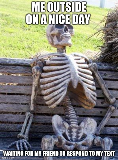 Waiting Skeleton | ME OUTSIDE ON A NICE DAY; WAITING FOR MY FRIEND TO RESPOND TO MY TEXT | image tagged in memes,waiting skeleton | made w/ Imgflip meme maker