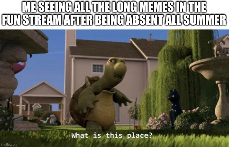 Why so many long memes? | ME SEEING ALL THE LONG MEMES IN THE FUN STREAM AFTER BEING ABSENT ALL SUMMER | image tagged in what is this place | made w/ Imgflip meme maker