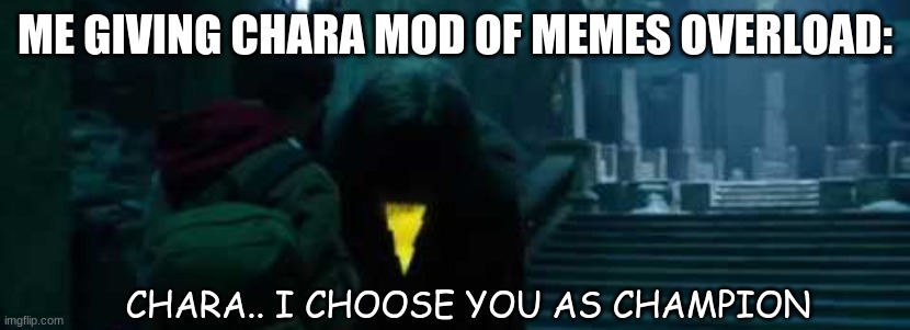 ME GIVING CHARA MOD OF MEMES OVERLOAD:; CHARA.. I CHOOSE YOU AS CHAMPION | image tagged in i choose you as champion | made w/ Imgflip meme maker