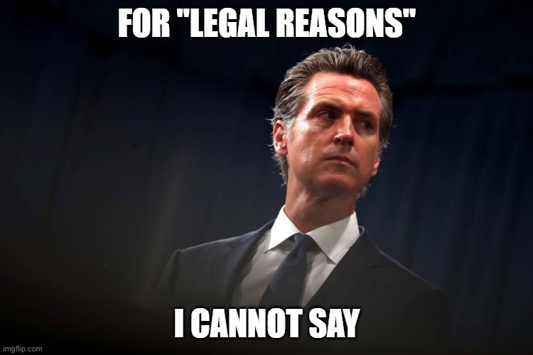 Legal Reasons | FOR "LEGAL REASONS"; I CANNOT SAY | image tagged in newsom | made w/ Imgflip meme maker