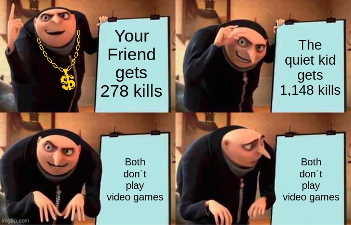 What?? | Your Friend gets 278 kills; The quiet kid gets 1,148 kills; Both don´t play video games; Both don´t play video games | image tagged in memes,gru's plan | made w/ Imgflip meme maker