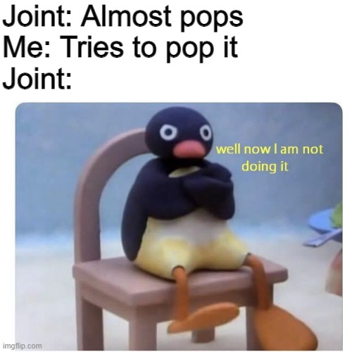 Every time . . . | Joint: Almost pops
Me: Tries to pop it
Joint: | image tagged in blank white template,well now i am not doing it | made w/ Imgflip meme maker