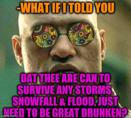 -Single bottle. | -WHAT IF I TOLD YOU; DAT THEE ARE CAN TO SURVIVE ANY STORMS, SNOWFALL & FLOOD, JUST NEED TO BE GREAT DRUNKEN? | image tagged in acid kicks in morpheus,wine drinker,winter storm,current objective survive,go home youre drunk,unstoppable | made w/ Imgflip meme maker