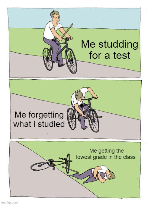 The real deal | Me studding for a test; Me forgetting what i studied; Me getting the lowest grade in the class | image tagged in memes,bike fall | made w/ Imgflip meme maker