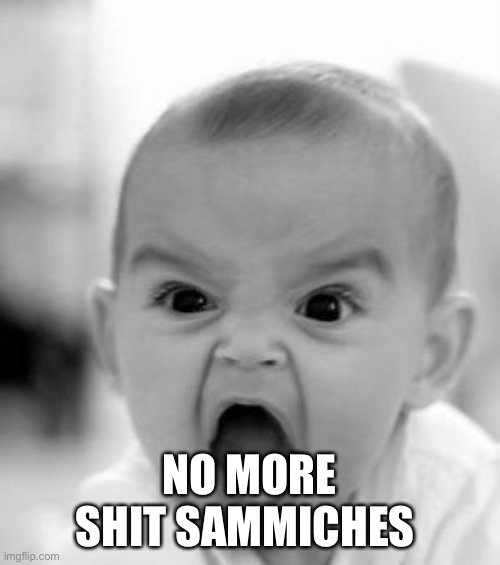 Angry Baby Meme | NO MORE SHIT SAMMICHES | image tagged in memes,angry baby | made w/ Imgflip meme maker