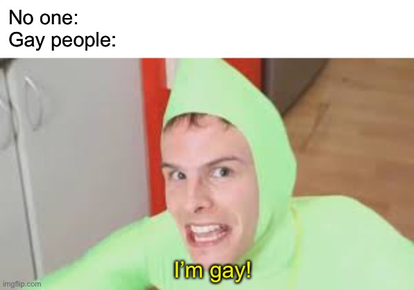 I'm Gay | No one:
Gay people: I’m gay! | image tagged in i'm gay | made w/ Imgflip meme maker
