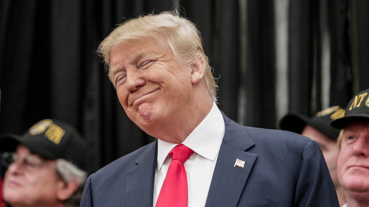 Trump smirks and smiles as the faithful swallow his BS Blank Meme Template