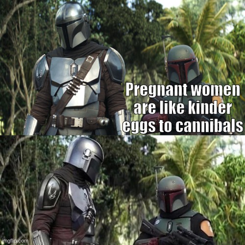 WTF are you smoking boba | Pregnant women are like kinder eggs to cannibals | image tagged in mandalorian boba fett said weird thing,dank memes | made w/ Imgflip meme maker