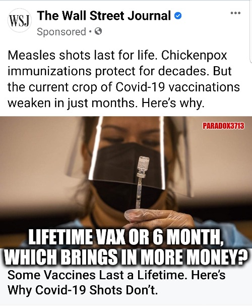 REMEMBER...there is no profit in a cure. | PARADOX3713; LIFETIME VAX OR 6 MONTH, WHICH BRINGS IN MORE MONEY? | image tagged in memes,politcs,joe biden,democrats,vaccine,china | made w/ Imgflip meme maker