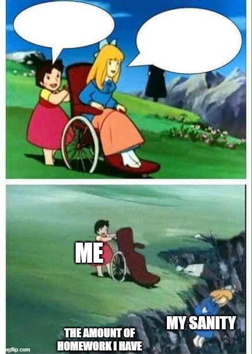my sanity has left me | ME; MY SANITY; THE AMOUNT OF HOMEWORK I HAVE | image tagged in oh no i droped mother | made w/ Imgflip meme maker
