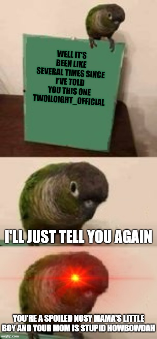 Twoiloight_Official this meme is for you so choke on it | WELL IT'S BEEN LIKE SEVERAL TIMES SINCE I'VE TOLD YOU THIS ONE TWOILOIGHT_OFFICIAL; I'LL JUST TELL YOU AGAIN; YOU'RE A SPOILED NOSY MAMA'S LITTLE BOY AND YOUR MOM IS STUPID HOWBOWDAH | image tagged in savage bird,memes,roasts,savage memes,lmfao,your mom | made w/ Imgflip meme maker