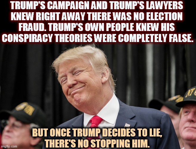 Conspiracy theories are fun, but they may kill our democracy. | TRUMP'S CAMPAIGN AND TRUMP'S LAWYERS 
KNEW RIGHT AWAY THERE WAS NO ELECTION 
FRAUD. TRUMP'S OWN PEOPLE KNEW HIS 
CONSPIRACY THEORIES WERE COMPLETELY FALSE. BUT ONCE TRUMP DECIDES TO LIE, 
THERE'S NO STOPPING HIM. | image tagged in trump,liar,steal,fantasy | made w/ Imgflip meme maker