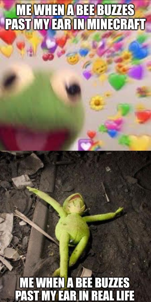 *Internal screaming* | ME WHEN A BEE BUZZES PAST MY EAR IN MINECRAFT; ME WHEN A BEE BUZZES PAST MY EAR IN REAL LIFE | image tagged in kermit with hearts,minecraft,dead kermit,bees,bee,why are you reading this | made w/ Imgflip meme maker