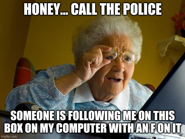 When your Grandma finds face book | HONEY... CALL THE POLICE; SOMEONE IS FOLLOWING ME ON THIS BOX ON MY COMPUTER WITH AN F ON IT | image tagged in memes,grandma finds the internet | made w/ Imgflip meme maker