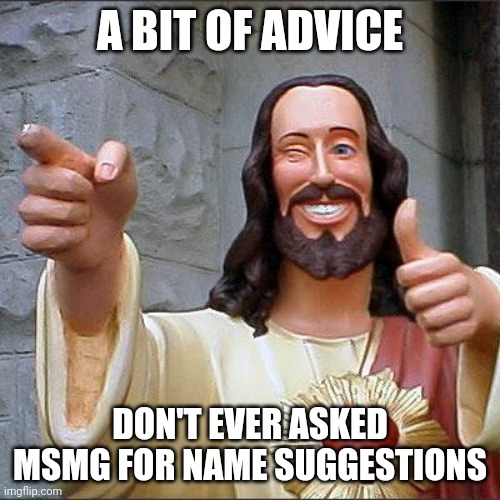Buddy Christ Meme | A BIT OF ADVICE DON'T EVER ASKED MSMG FOR NAME SUGGESTIONS | image tagged in memes,buddy christ | made w/ Imgflip meme maker