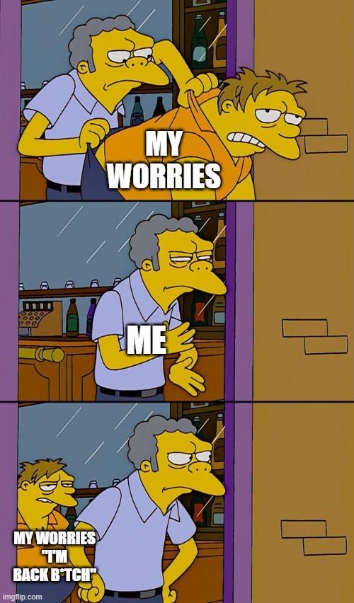 Day three having no idea to put in the title | MY WORRIES; ME; MY WORRIES "I'M BACK B*TCH" | image tagged in moe throws barney | made w/ Imgflip meme maker