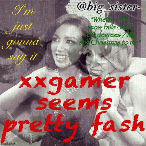 Welp. shuriken seemed to be going moderate but xxgamer f’d that up. | @big_sister-; I’m just gonna say it; “Whether the snow falls or it’s 100 degrees / it’s still Christmas to me”; xxgamer seems pretty fash | image tagged in dannii big brother,authority of steel,aos,fascism,fascists,pretty fash | made w/ Imgflip meme maker