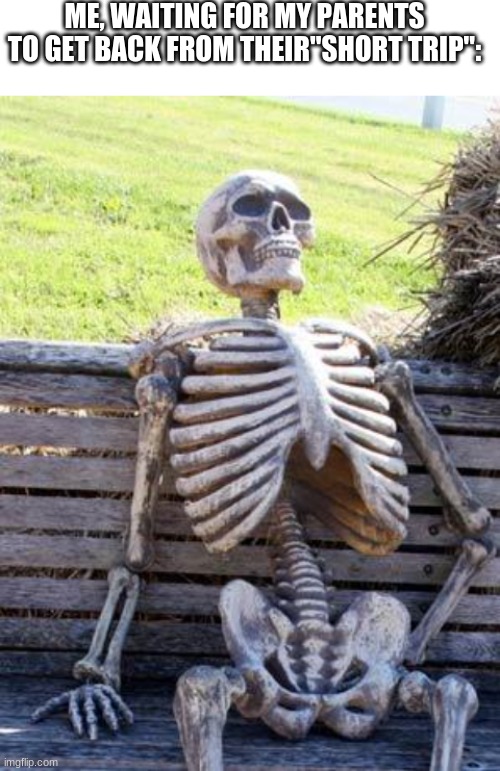 ME, WAITING FOR MY PARENTS TO GET BACK FROM THEIR"SHORT TRIP": | image tagged in blank white template,memes,waiting skeleton | made w/ Imgflip meme maker