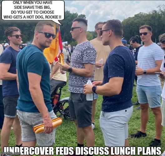 Fed up | ONLY WHEN YOU HAVE SIDE SHAVE THIS BIG, DO YOU GET TO CHOOSE WHO GETS A HOT DOG, ROOKIE !! UNDERCOVER FEDS DISCUSS LUNCH PLANS | image tagged in fbi at justice for j6,memes,funny memes,undercover,fbi | made w/ Imgflip meme maker