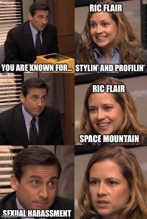 You are known for | RIC FLAIR; STYLIN’ AND PROFILIN’; YOU ARE KNOWN FOR... RIC FLAIR; SPACE MOUNTAIN; SEXUAL HARASSMENT | image tagged in you are known for,dankmemes | made w/ Imgflip meme maker