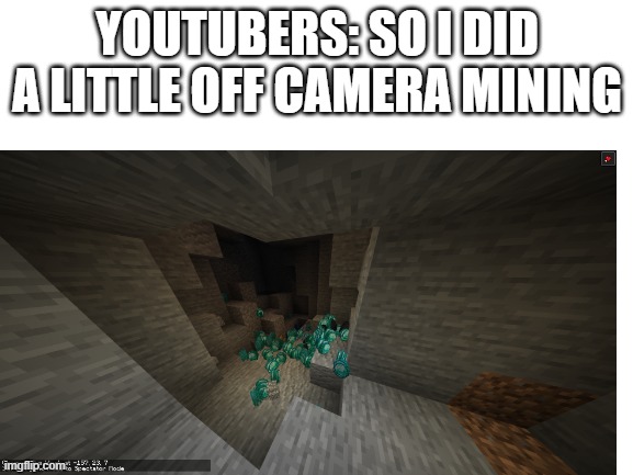 true | YOUTUBERS: SO I DID A LITTLE OFF CAMERA MINING | image tagged in minecraft | made w/ Imgflip meme maker