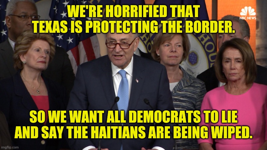 Democrat congressmen | WE'RE HORRIFIED THAT TEXAS IS PROTECTING THE BORDER. SO WE WANT ALL DEMOCRATS TO LIE AND SAY THE HAITIANS ARE BEING WIPED. | image tagged in democrat congressmen | made w/ Imgflip meme maker