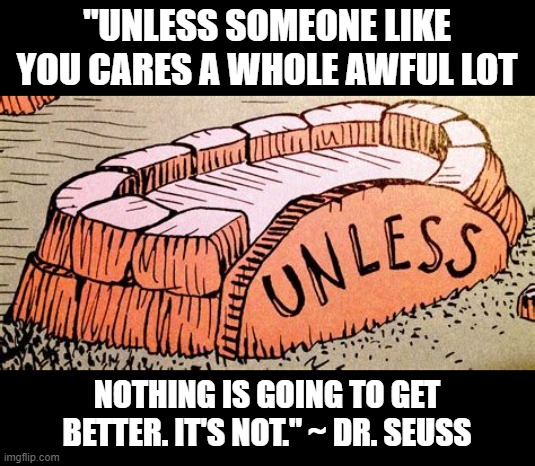 "UNLESS SOMEONE LIKE YOU CARES A WHOLE AWFUL LOT; NOTHING IS GOING TO GET BETTER. IT'S NOT." ~ DR. SEUSS | made w/ Imgflip meme maker