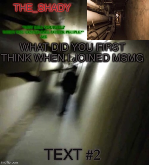 The_shady backrooms level 2 temp | WHAT DID YOU FIRST THINK WHEN I JOINED MSMG; TEXT #2 | image tagged in the_shady backrooms level 2 temp | made w/ Imgflip meme maker