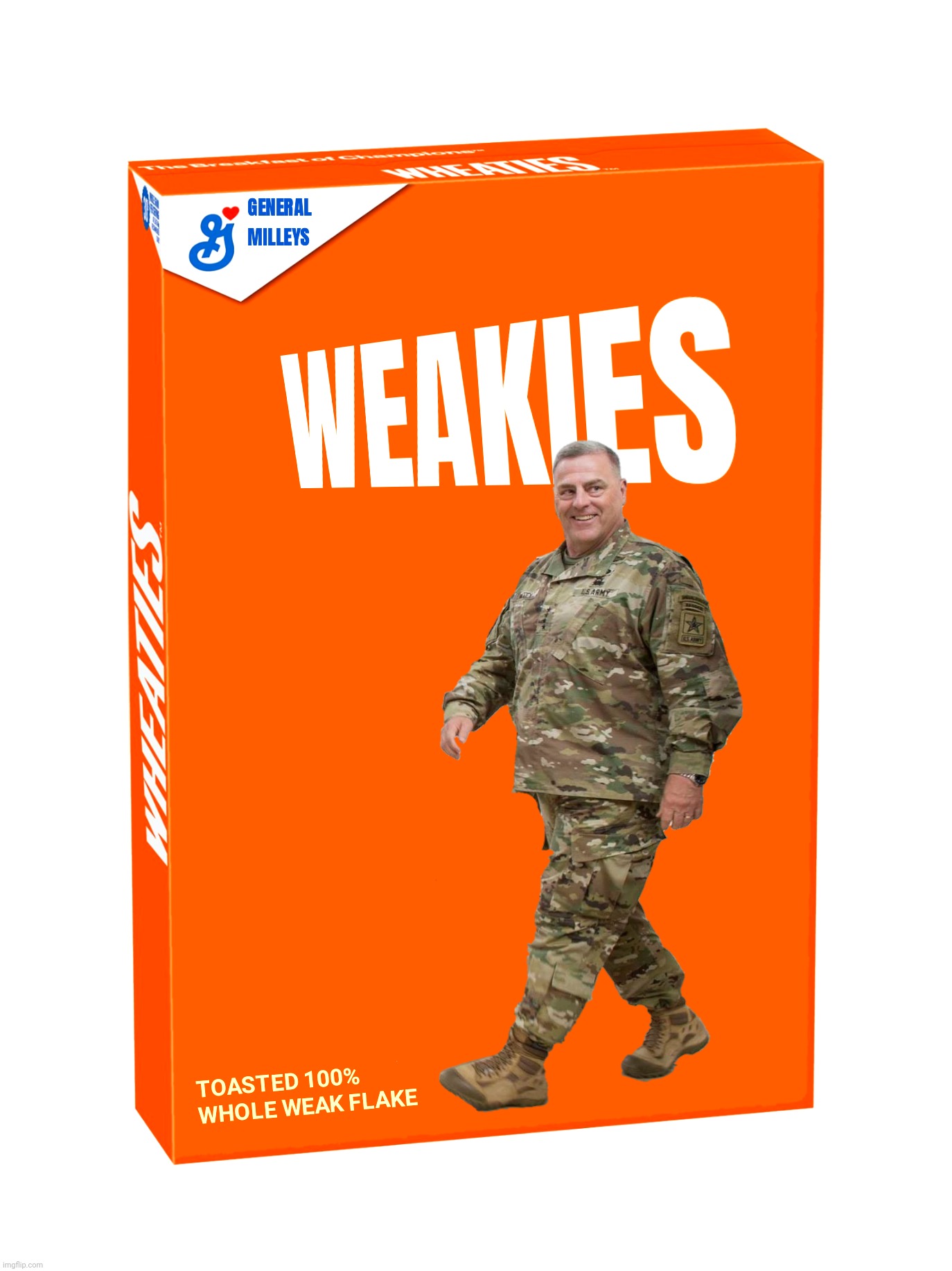 Toasted 100% whole weak flake.  Concept by Cryptic_Truth, bad photoshop by btbeeston | image tagged in bad photoshop,mark milley,wheaties,general milleys | made w/ Imgflip meme maker