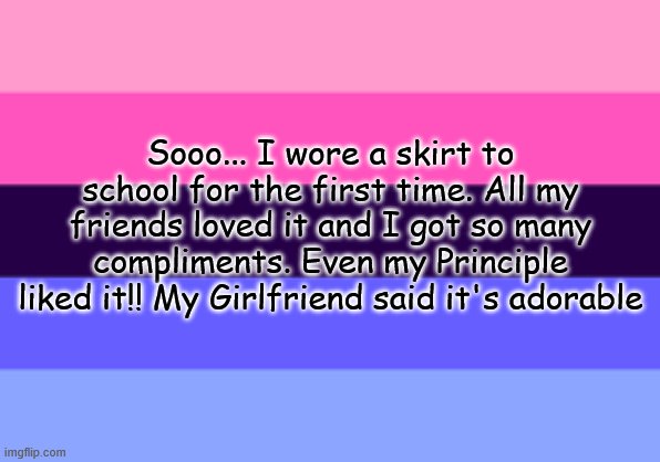 *Eu p h o r i a* | Sooo... I wore a skirt to school for the first time. All my friends loved it and I got so many compliments. Even my Principle liked it!! My Girlfriend said it's adorable | image tagged in omnisexual template | made w/ Imgflip meme maker