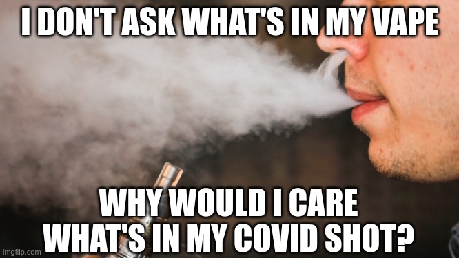 Sound Logic | I DON'T ASK WHAT'S IN MY VAPE; WHY WOULD I CARE WHAT'S IN MY COVID SHOT? | image tagged in e-vape,covid-19,covid vac | made w/ Imgflip meme maker