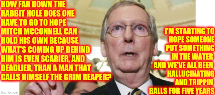 It's Gotta Be In The Water Or Aliens Have Put Us In Pods Or Someone Spiked The Kool - Aid Already | HOW FAR DOWN THE 
RABBIT HOLE DOES ONE 
HAVE TO GO TO HOPE 
MITCH MCCONNELL CAN 
HOLD HIS OWN BECAUSE 
WHAT'S COMING UP BEHIND 
HIM IS EVEN SCARIER, AND 
DEADLIER, THAN A MAN THAT 
CALLS HIMSELF THE GRIM REAPER? I'M STARTING TO
HOPE SOMEONE PUT SOMETHING
 IN THE WATER 
AND WE'VE ALL BEEN 
HALLUCINATING AND TRIPPIN 
BALLS FOR FIVE YEARS | image tagged in memes,mitch mcconnell,crazy train,asylum,rubber room,red rum red rum red rum | made w/ Imgflip meme maker