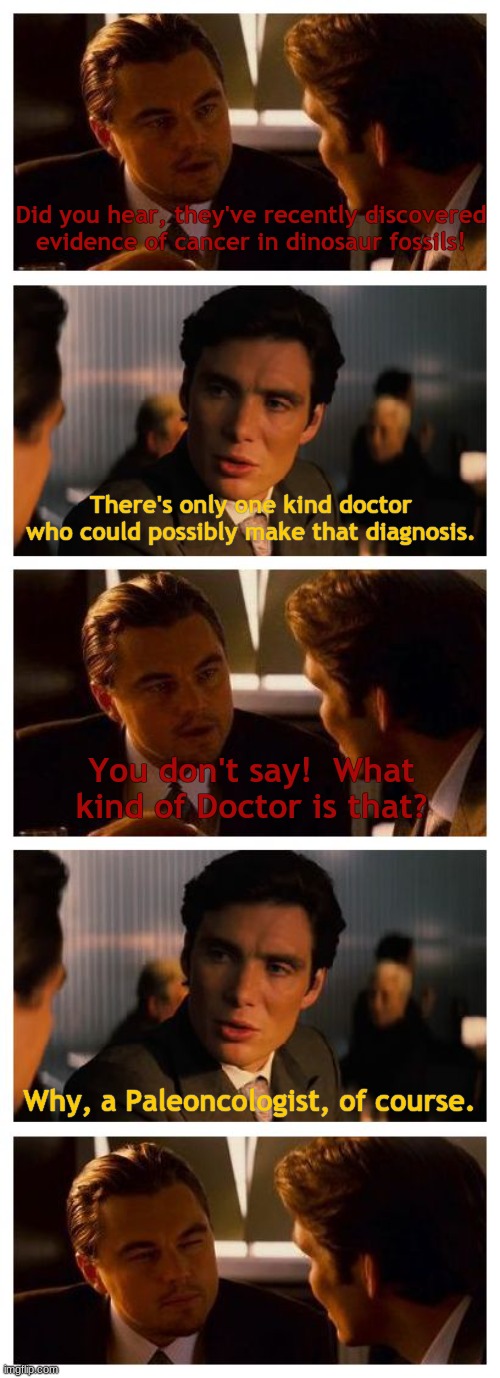 Dinosaur News! | Did you hear, they've recently discovered evidence of cancer in dinosaur fossils! There's only one kind doctor who could possibly make that diagnosis. You don't say!  What kind of Doctor is that? Why, a Paleoncologist, of course. | image tagged in leonardo inception extended | made w/ Imgflip meme maker