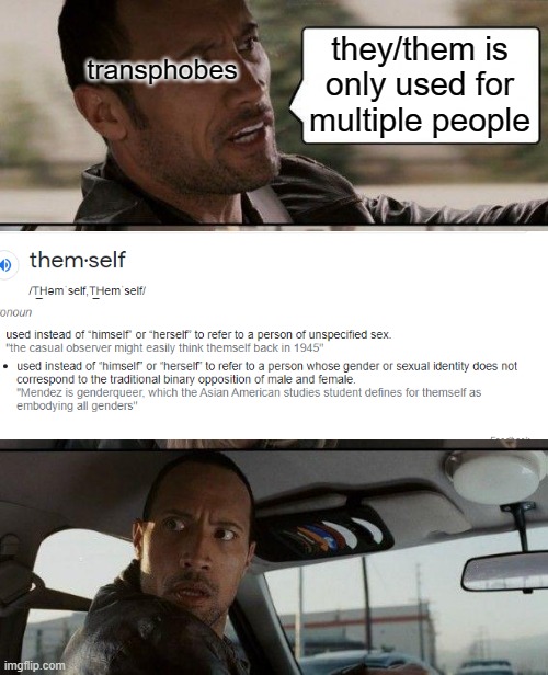 A single word destroys an entire belief | they/them is only used for multiple people; transphobes | image tagged in memes,the rock driving | made w/ Imgflip meme maker