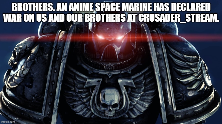Space Marines | BROTHERS. AN ANIME SPACE MARINE HAS DECLARED WAR ON US AND OUR BROTHERS AT CRUSADER_STREAM. | image tagged in space marines | made w/ Imgflip meme maker