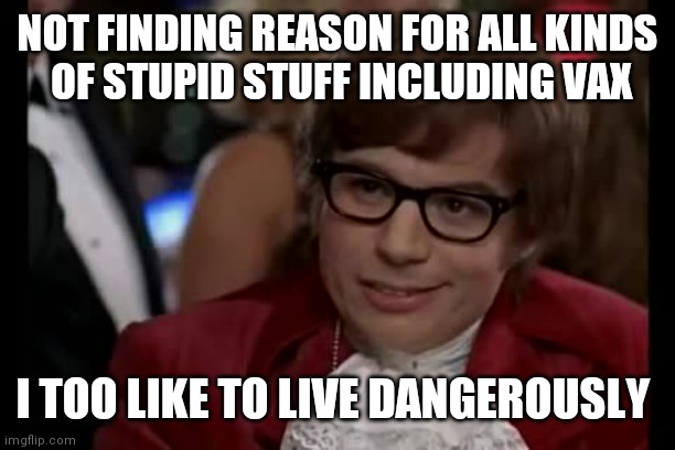 I Too Like To Live Dangerously Meme | NOT FINDING REASON FOR ALL KINDS
 OF STUPID STUFF INCLUDING VAX I TOO LIKE TO LIVE DANGEROUSLY | image tagged in memes,i too like to live dangerously | made w/ Imgflip meme maker