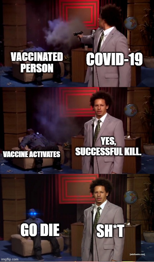 What happens if you vaccine <: | VACCINATED PERSON; COVID-19; YES, SUCCESSFUL KILL. VACCINE ACTIVATES; GO DIE; SH*T | image tagged in who killed hannibal revival | made w/ Imgflip meme maker