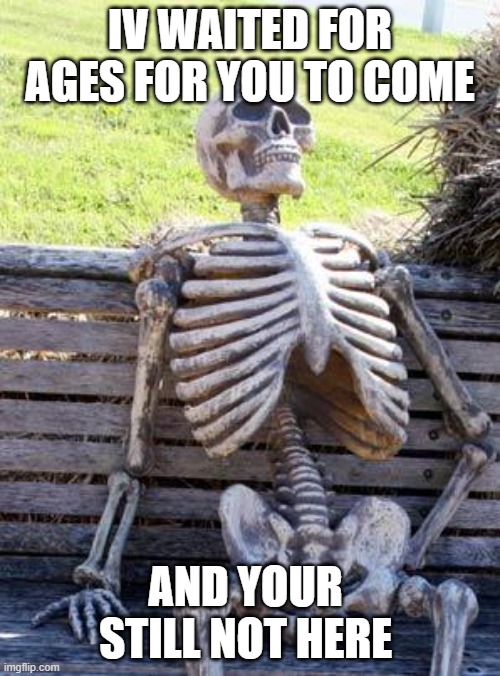 Waiting Skeleton Meme | IV WAITED FOR AGES FOR YOU TO COME; AND YOUR  STILL NOT HERE | image tagged in memes,waiting skeleton | made w/ Imgflip meme maker