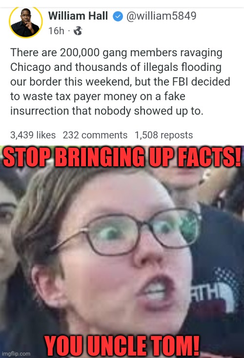 200,000 gang members in Chicago | STOP BRINGING UP FACTS! YOU UNCLE TOM! | image tagged in sjw,leftists,democrats,uncle tom | made w/ Imgflip meme maker