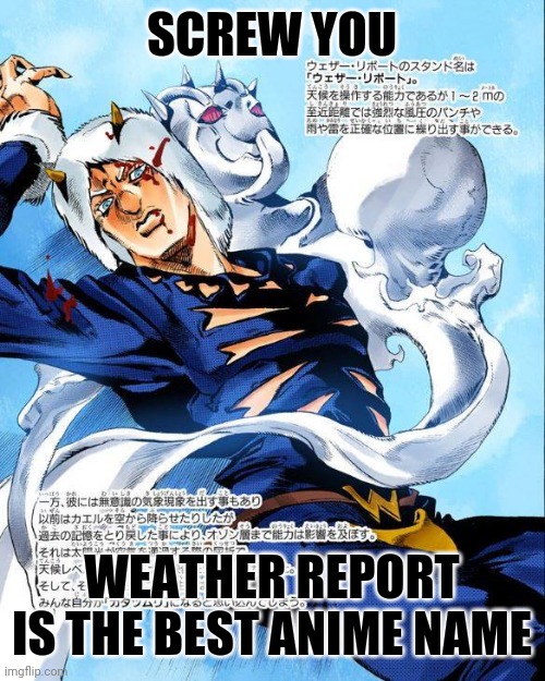 Yes that's Weather Report | SCREW YOU; WEATHER REPORT IS THE BEST ANIME NAME | made w/ Imgflip meme maker