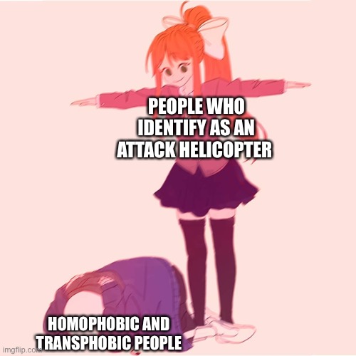 Monika t-posing on Sans | PEOPLE WHO IDENTIFY AS AN ATTACK HELICOPTER; HOMOPHOBIC AND TRANSPHOBIC PEOPLE | image tagged in monika t-posing on sans | made w/ Imgflip meme maker