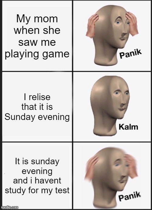 The day before the test of a gamer | My mom when she saw me playing game; I relise that it is Sunday evening; It is sunday evening and i havent study for my test | image tagged in memes,panik kalm panik | made w/ Imgflip meme maker